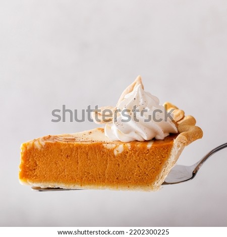 Slice of pumpkin cheesecake swirl pie topped with whipped cream being held on a spatula on light background