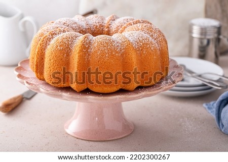 Pound cake baked in a bundt pan, traditional vanilla or sour cream flavor, dusted with powdered sugar Royalty-Free Stock Photo #2202300267