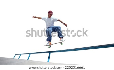 Skateboarder doing a trick isolated on white background
