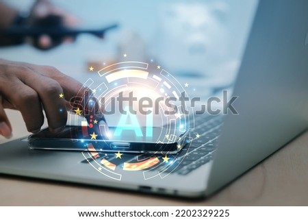 Businessmen use their hands to touch Virtual Media Ai technology to manage online business systems in corporate networks. network business processing concept Royalty-Free Stock Photo #2202329225