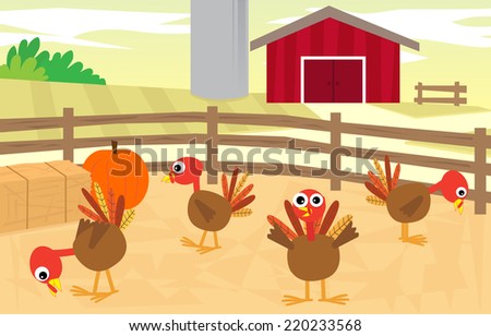 Turkey Farm - Cartoon turkeys in a farm with a silo and a barn in the background. Eps10