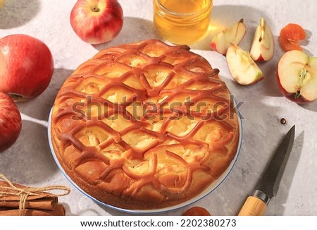 Apple pie with honey,apples, spices, modern bakery concept, advertisement for menu and recipe, banner, selective focus, top view, space for text,