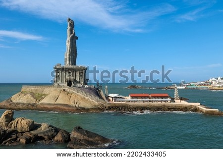 Vivekananda rock memorial and Thiruvalluvar statue near sea at Kanyakumari Tamilnadu South India. Early morning sunrise view. Kerala tourism famous destination.	 Royalty-Free Stock Photo #2202433405