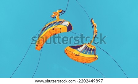 Abstract Illustration with Yellow Cable Cars and blue sky in the background. Cartoony Effect. Stylish Photo