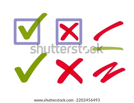 Stroke red green vector marker highlight element as crossed out underlined and emphasized text clip art graphic hand drawn, handwritten strikethrough accented lines, check mark and wrong set 