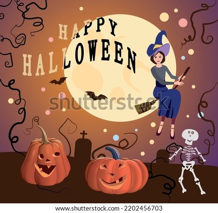 Halloween pumpkins, skeleton and witch on the background of a huge moon. Vector.