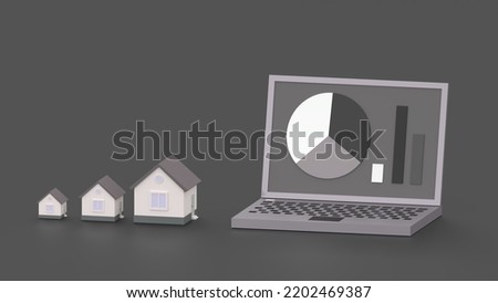 Laptop with chart and diagram on a grey background and small houses near. Isometric computer business and technology background 3d illustration. Real estate business