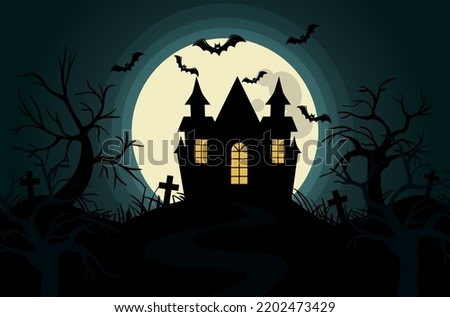 a house on a hill against the background of the night sky of the full moon and bats of trees and grave crosses