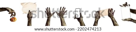 Many hands of scary zombies holding different objects on white background