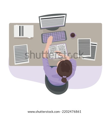 Female writer working at table on white background, top view