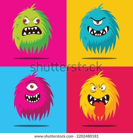 set of cartoon furry monster with different expressions. vector. illustration