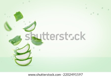 Flying aloe vera leaves on green background. Copy space Royalty-Free Stock Photo #2202491597