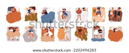 Couples sleep in beds set. Men and women asleep, lying in different positions, poses. People, wives and husbands dreaming under blanket. Flat graphic vector illustrations isolated on white background Royalty-Free Stock Photo #2202496283