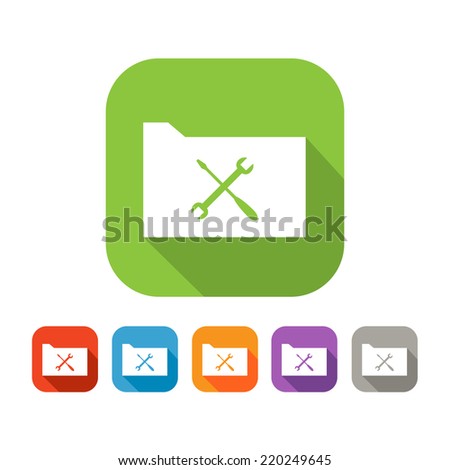 White and green square flat icon of folder with tools sign. Color set in red, blue, orange, purple and grey colors