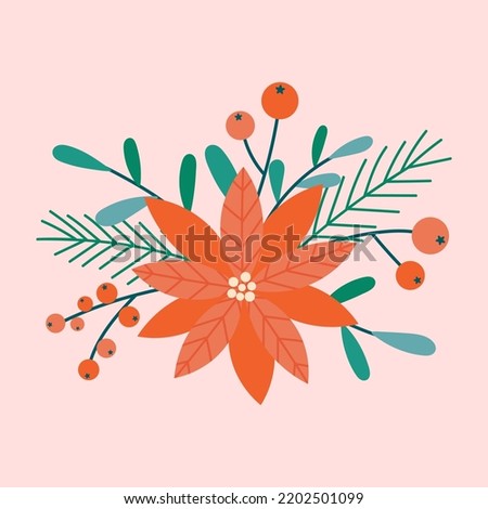 Christmas floral arrangement with poinsettia, fir, ilex and red berries. Retro flat Xmas flower composition. Design element for Christmas invitation, greeting card or flyer.