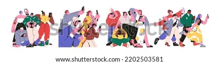 Online users community, digital communication concept. People using mobile phones, internet, social network. Characters addicted to smartphones. Flat vector illustrations isolated on white background