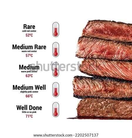 Meat cooking levels. Rare, Medium Rare, Medium, Medium good, Well done. The degree of roasting of steaks. Meat cooking temperature Royalty-Free Stock Photo #2202507137