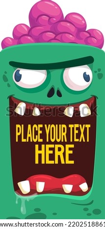 Cartoon zombie with opened mouth blank space  banner for text. Vector illustration. Isolated on the white background. Halloween design element for banner, postcard, poster, package or decoration