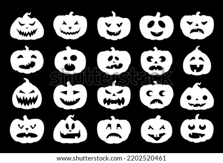 Pumpkins icons. Vector black Halloween pumpkin silhouette set isolated on white background. Set of emoticon pumpkins.