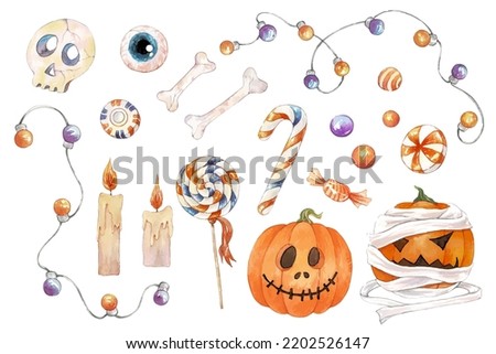 Watercolor hand painted Halloween clip art. Pumpkin, candy, bones, garland, candles, magic vector illustration. Use it for postcard, scrapbooking or invitation.