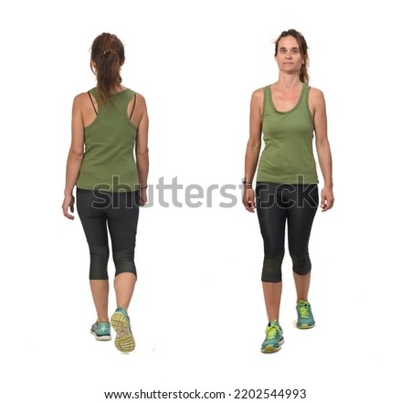 front and back of same woman walking on white background