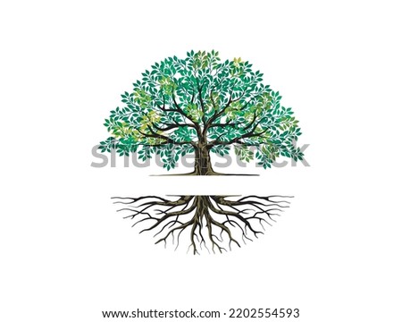 tree and roots logo templates with circular shape, oak tree with the gap between the tree and the root to fill in the writing. Royalty-Free Stock Photo #2202554593
