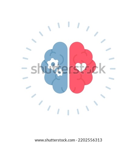Mental health, eq and emotional regulation concept. Vector flat design healthcare illustration. Human brain with half of rational gear and emotional heart shape symbol isolated on white background. Royalty-Free Stock Photo #2202556313