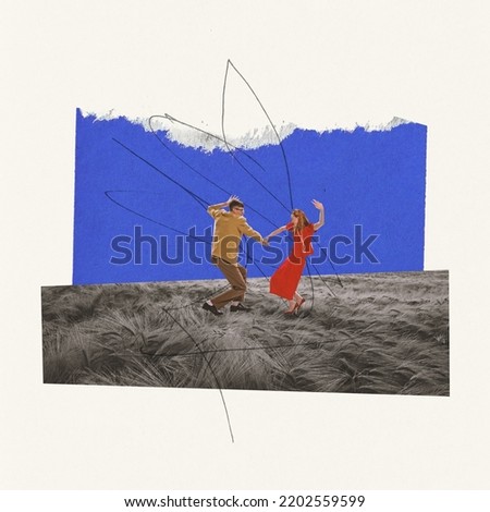 Contemporary art collage. Cheerful young man and woman, couple dancing on autumn wheat field. Aesthetics. Concept of art, autumn season, creativity, retro style, imagination, surrealism