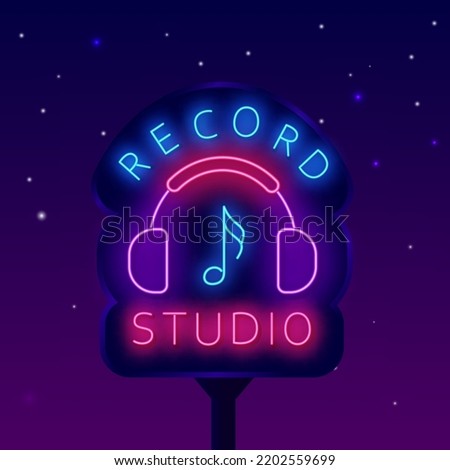 Record studio neon billboard. Headphones and music note icon. Street night advertising. Sound recording. Light sign. Club logotype. Outer glowing effect banner. Vector stock illustration