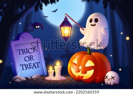 3D Spooky Halloween at graveyard. 3D Rendering cute ghost floating above pumpkin at spooky night in haunted graveyard Royalty-Free Stock Photo #2202560359