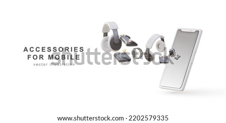 3d Banner realistic accessories for mobile. Game console controller, headphones, joystick, smart watches. Vector illustration. Royalty-Free Stock Photo #2202579335