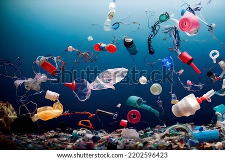 dirty water plastic pollution. High quality photo underwater pollution Royalty-Free Stock Photo #2202596423