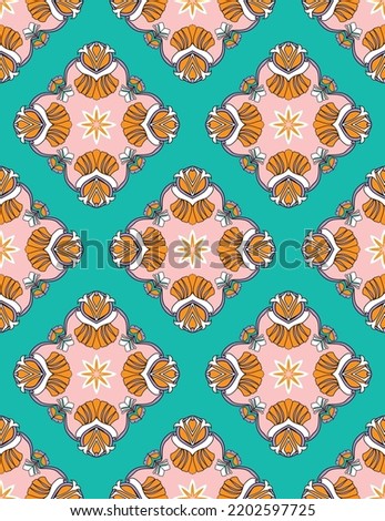 Abstract Ethnic Modern Damask Seamless Pattern Hand Drawn Vector Design Retro Concept Trendy Fashion Colors Perfect for Allover Fabric Print or Wrapping Paper Tiffany Blue Orange Tones