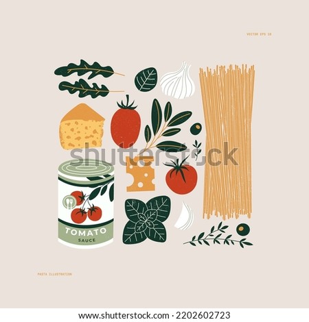 Italian pasta ingredients. Spaghetti recipe. Food textured composition. Vector illustration.