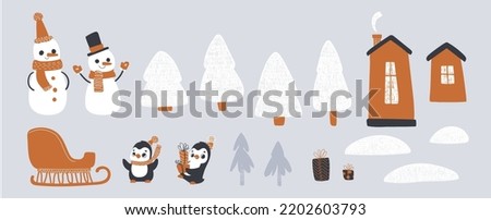 Cute Christmas set with snowman, tree, sled, houses. Winter. Vector print for children room, fabric, paper, greeting card, postcard, card, t shirt, poster, textile. Vector illustration