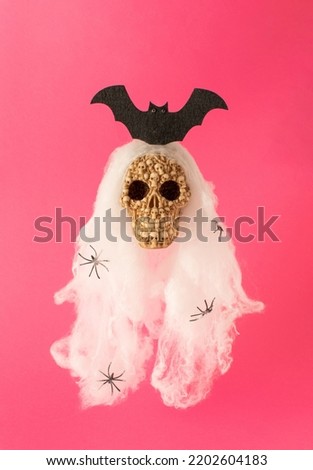 Skull with white wig made of spider webs and bat. Halloween costume party concept.