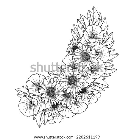 daisy and hollyhock flower zen doodle art design in detailed clip art vector graphic. blossom petal and leaves sketch of easy pencil drawing.