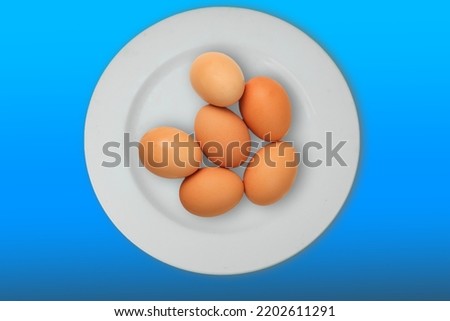 top view uncooked eggs above the white porcelain plate isolated blue.