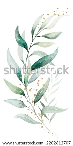 Geometric golden bouquet made of green watercolor eucalyptus  leaves, isolated illustration, copy space. Botanical element for romantic wedding stationery, greetings cards, printing and crafting