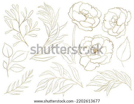 Watercolor golden peony flowers and garden leaves illustration isolated. Romantic floral Elements for wedding stationary, greetings cards. Sparkling golden outline flowers and leaves Royalty-Free Stock Photo #2202613677