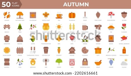 Set of 50 Autumn icons in flat style. Leaves, berries, sweater. Flat icons collection. Vector illustration