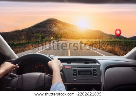 Close Up of Woman Driving a Car on Road. pin icon symbol or gps travel route navigation marker and transportation place pointer direction street sign with transport destination way.