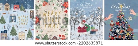 Merry Christmas and Happy New Year. Vector illustrations of Santa Claus, winter forest, city street, frame and Christmas tree decoration for postcard, card or invitation