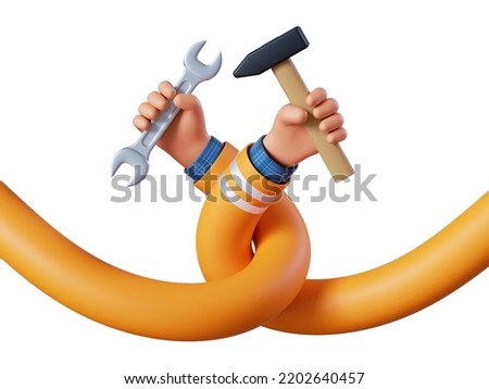 3d render, cartoon tangled flexible human hands hold hammer and spanner wrench. Professional carpenter or woodworker with building tools. Construction worker clip art isolated on white background