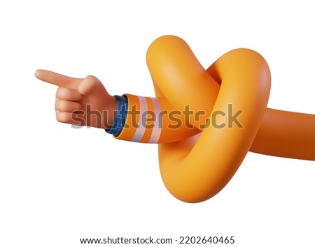 3d render, flexible knotted cartoon human hand shows direction with index finger. Recommendation or attention metaphor, pointer clip art isolated on white background