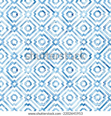 Seamless moroccan pattern. Square vintage tile. Blue and white watercolor ornament painted with watercolor on paper. Handmade. Print for textiles. Grunge texture. Vector illustration. Royalty-Free Stock Photo #2202641953