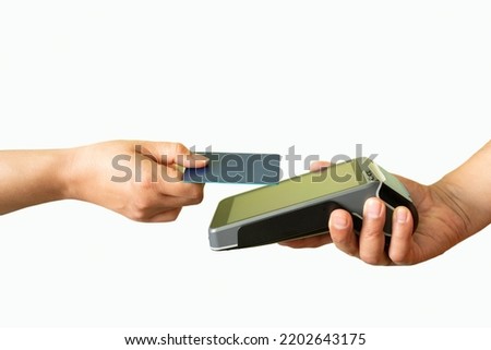 Side view of credit card contactless payment on a  white background