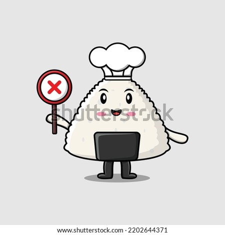 cute cartoon rice japanese sushi chef holding wrong sign board in vector character illustration