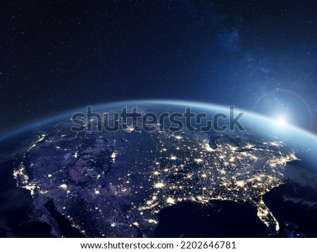 America at night viewed from space with city lights showing activity in United States. 3d render of planet Earth. Elements from NASA. Technology, global communication, world. USA. Royalty-Free Stock Photo #2202646781
