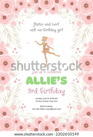Birthday party invitation template. Gold silhouette of a cute little fairy on a beautiful floral background. Vector illustration 10 EPS.